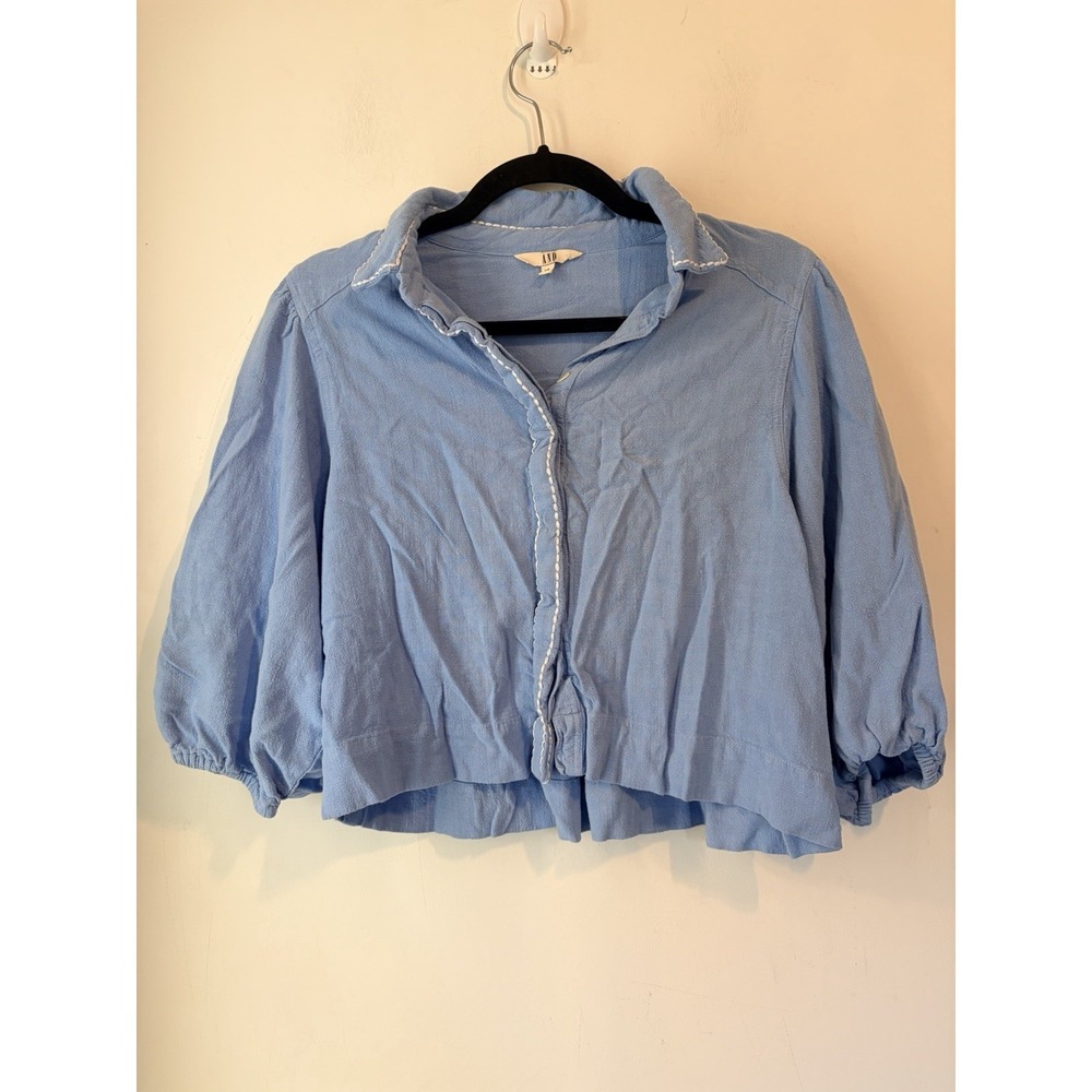 AND‎ Blue Linen Blend Crop Top Womens 14 Puff Sleeve Button Front